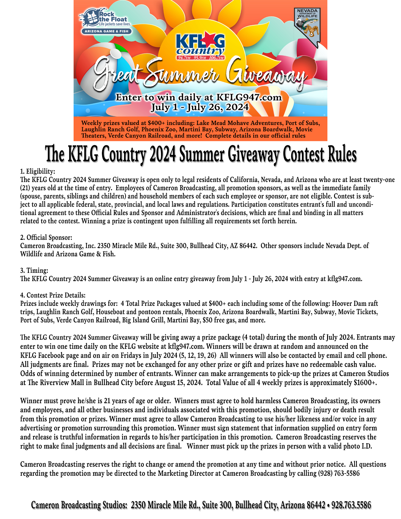 The KFLG Country 2024 Summer Giveaway Contest Rules