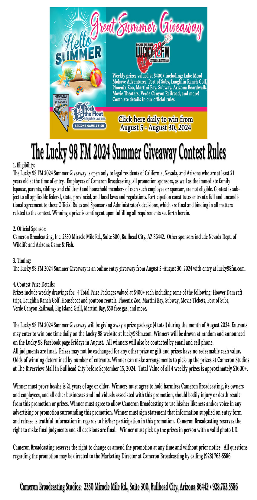 The Lucky 98 FM 2024 Summer Giveaway Contest Rules